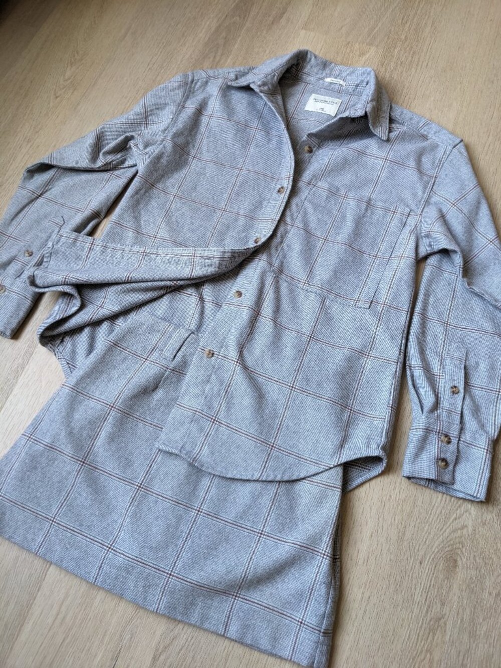 Abercrombie & Fitch Soft A&F Gray Plaid Matching Set Oversized Shirt + Skort, XX